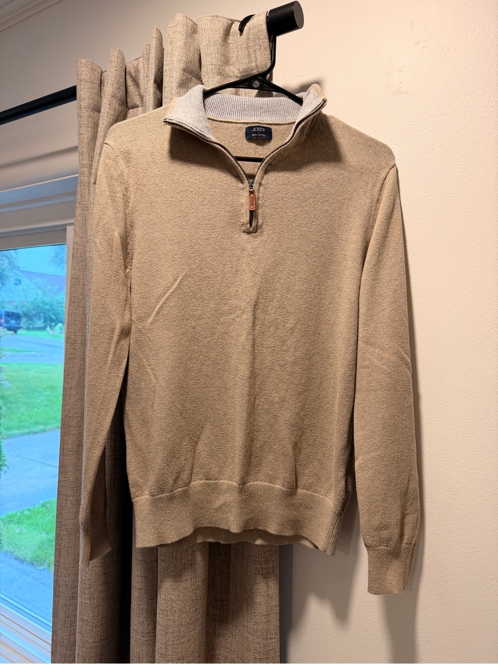 J. Crew Men’s Tan Half-Zip Sweater with Leather Pull